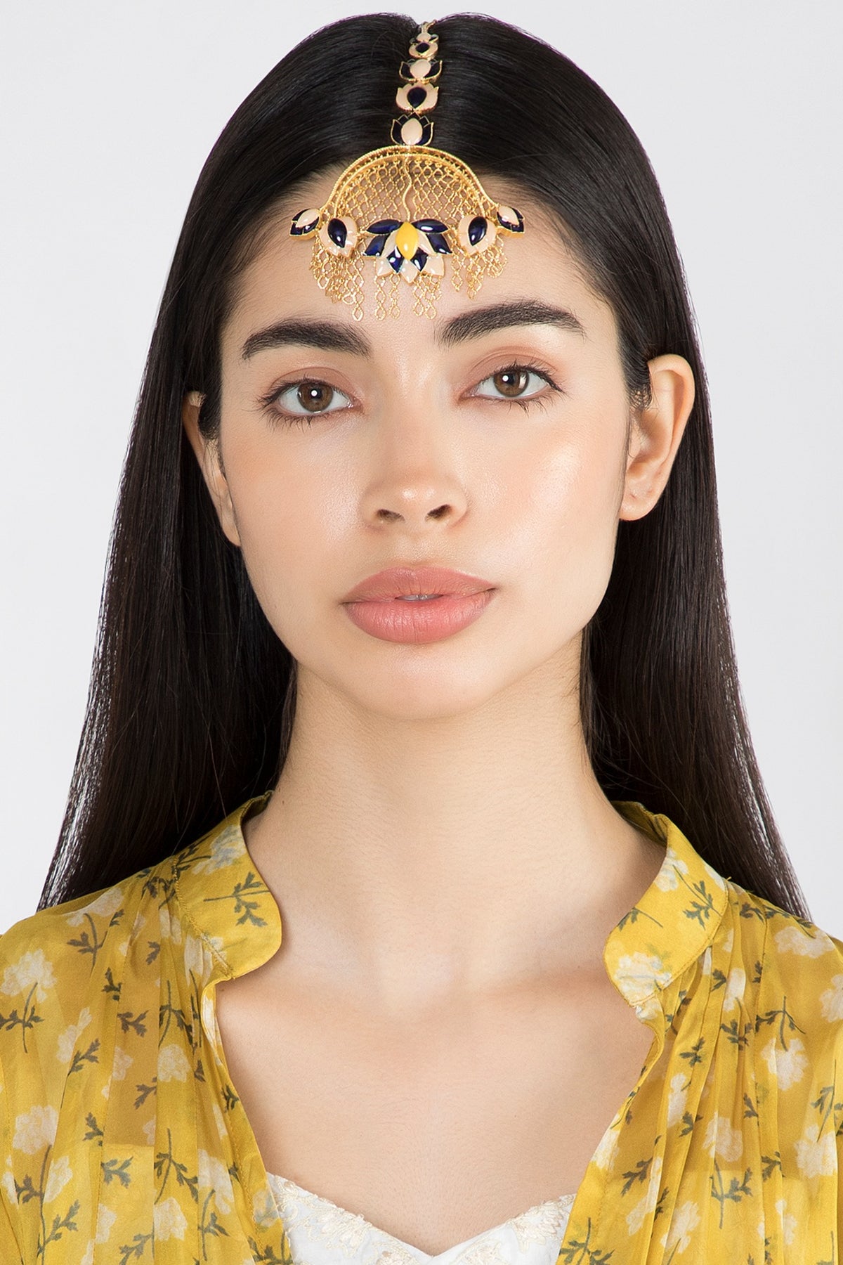 Gold Finish Blue Enameled Maang Tikka