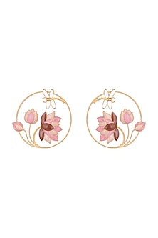 Gold Finish Pink Enameled Round Earrings