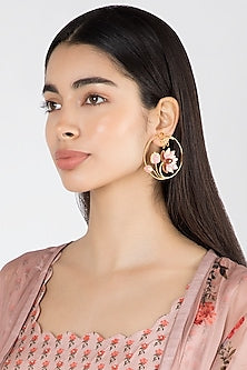 Gold Finish Pink Enameled Round Earrings