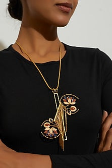 Gold Finish Handcrafted Synthetic Stone Long Necklace