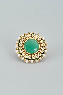 Gold Finish Kundan Polki Meenakari Ring In Sterling Silver
