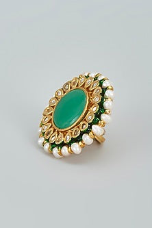 Gold Finish Kundan Polki Meenakari Ring In Sterling Silver