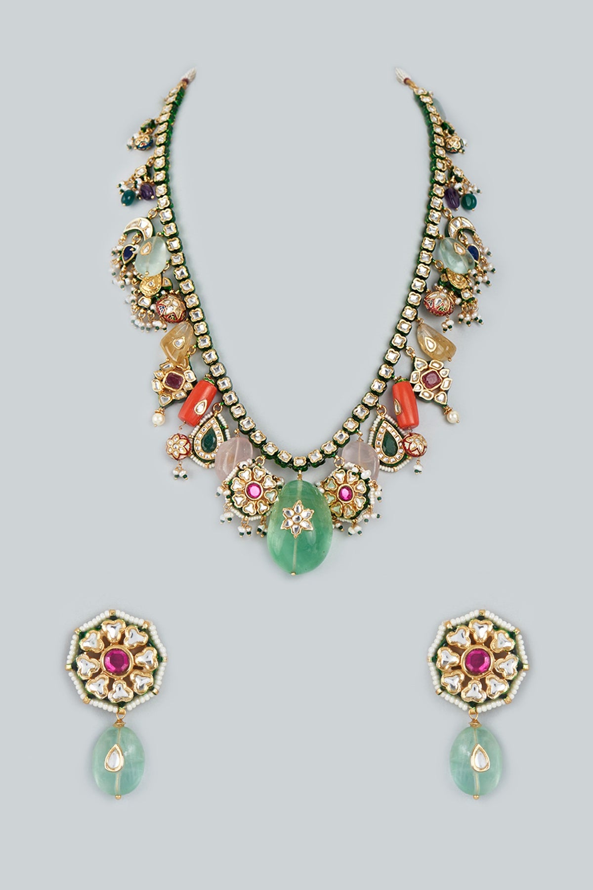 Gold Finish Kundan Polki Necklace Set In Sterling Silver