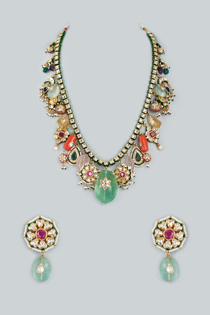 Gold Finish Kundan Polki Necklace Set In Sterling Silver