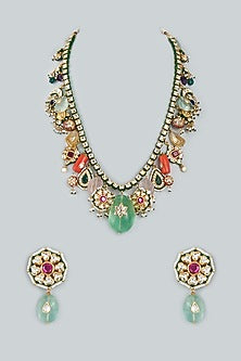 Gold Finish Kundan Polki Necklace Set In Sterling Silver