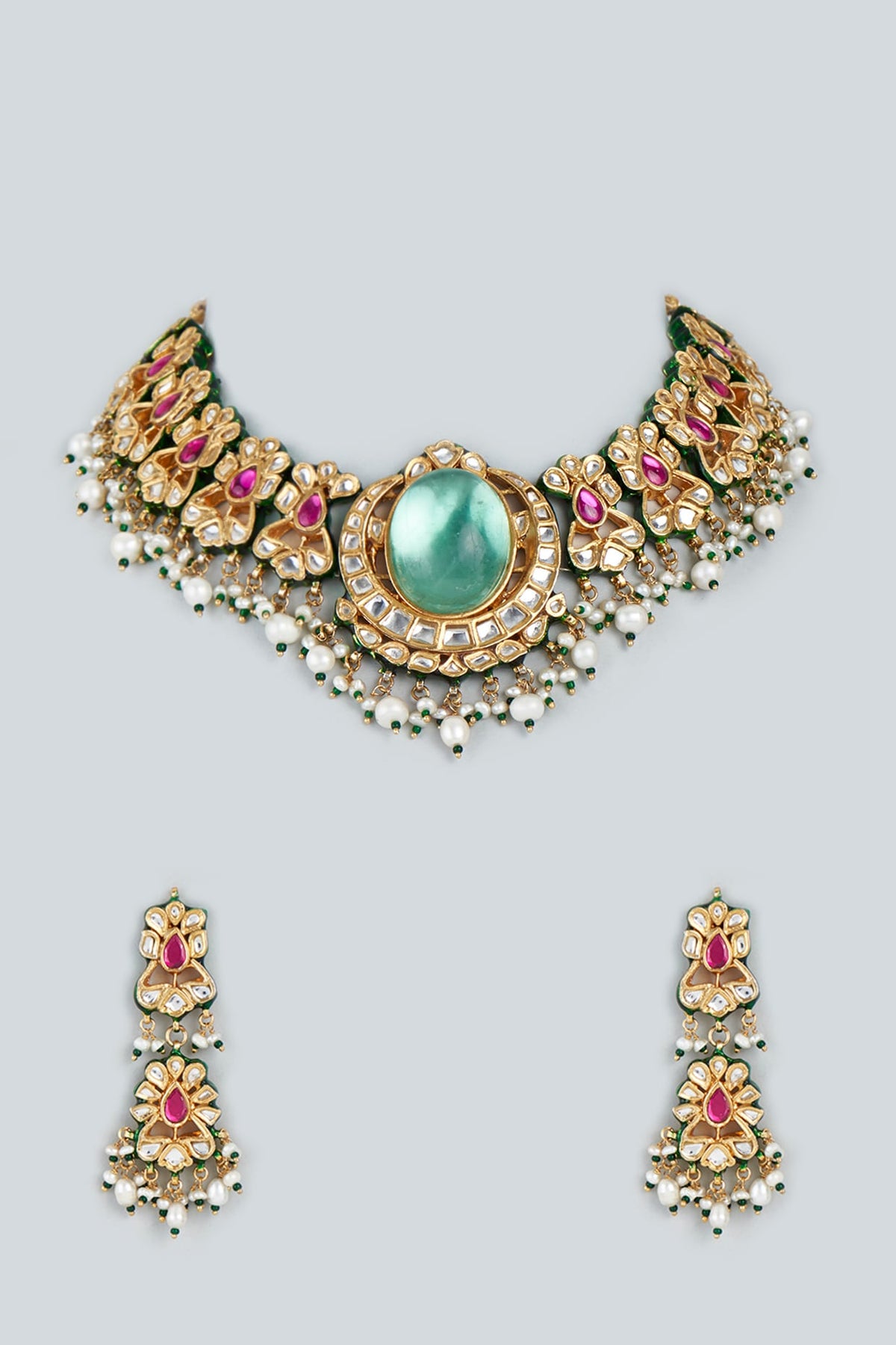 Gold Finish Kundan Polki Necklace Set In Sterling Silver