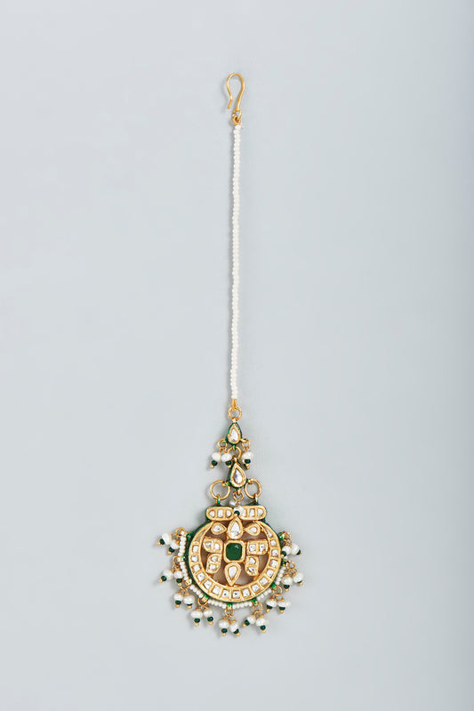 Gold Finish Precious Stone Maang Tikka In Sterling Silver