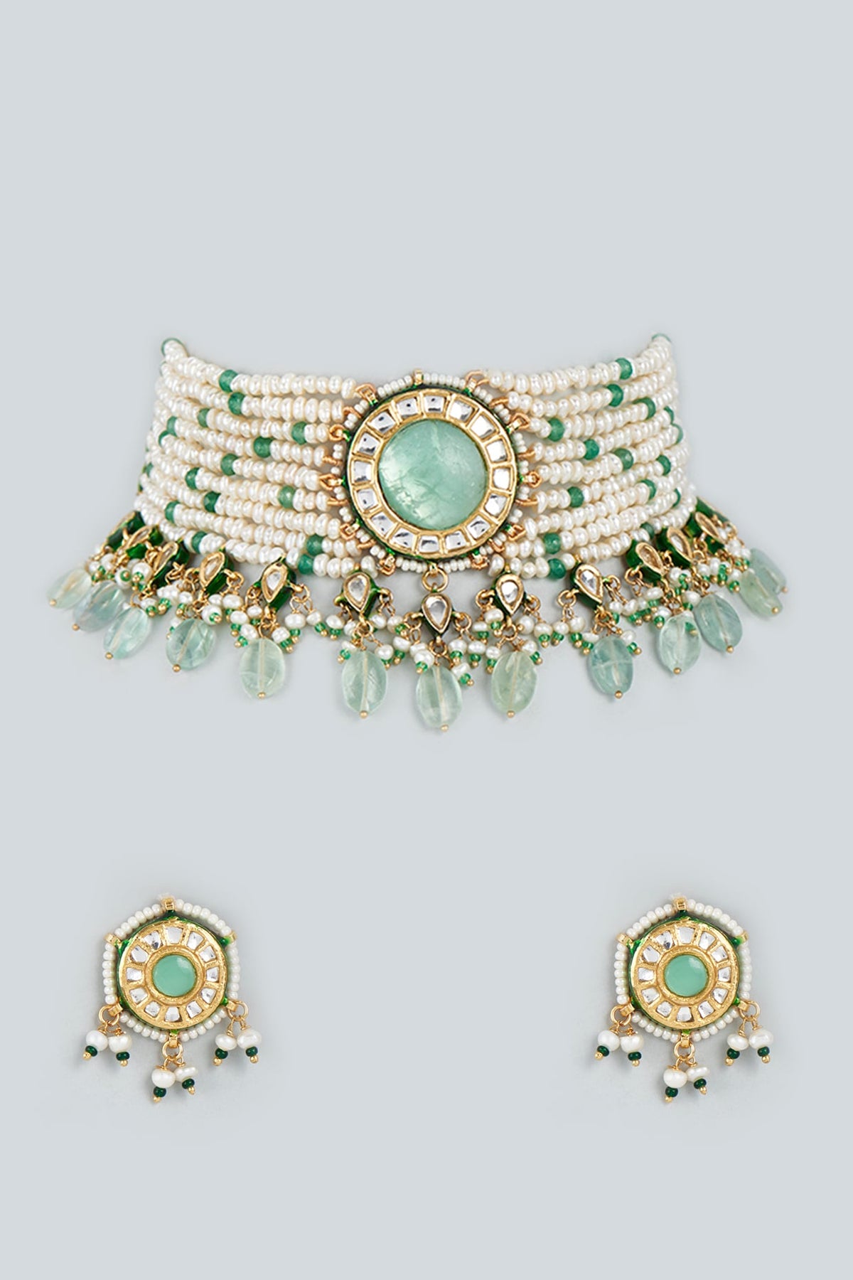 Gold Finish Necklace Set With Kundan In Sterling Silver