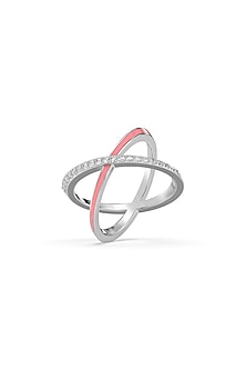 Silver Finish Diamond Blush Pink Enameled Ring In Sterling Silver