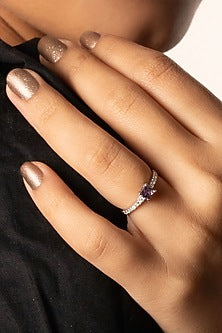 Anti-Tarnish White Finish Diamond & Amethyst Ring In Sterling Silver