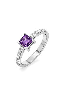Anti-Tarnish White Finish Diamond & Amethyst Ring In Sterling Silver