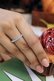 Gold Plated Lab-Grown Diamond Blue Enameled Ring In Sterling Silver