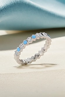 Gold Plated Lab-Grown Diamond Blue Enameled Ring In Sterling Silver
