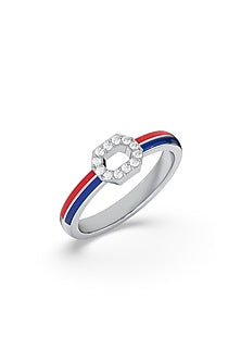 Anti-Tarnish White Finish Diamond Enameled Ring In Sterling Silver