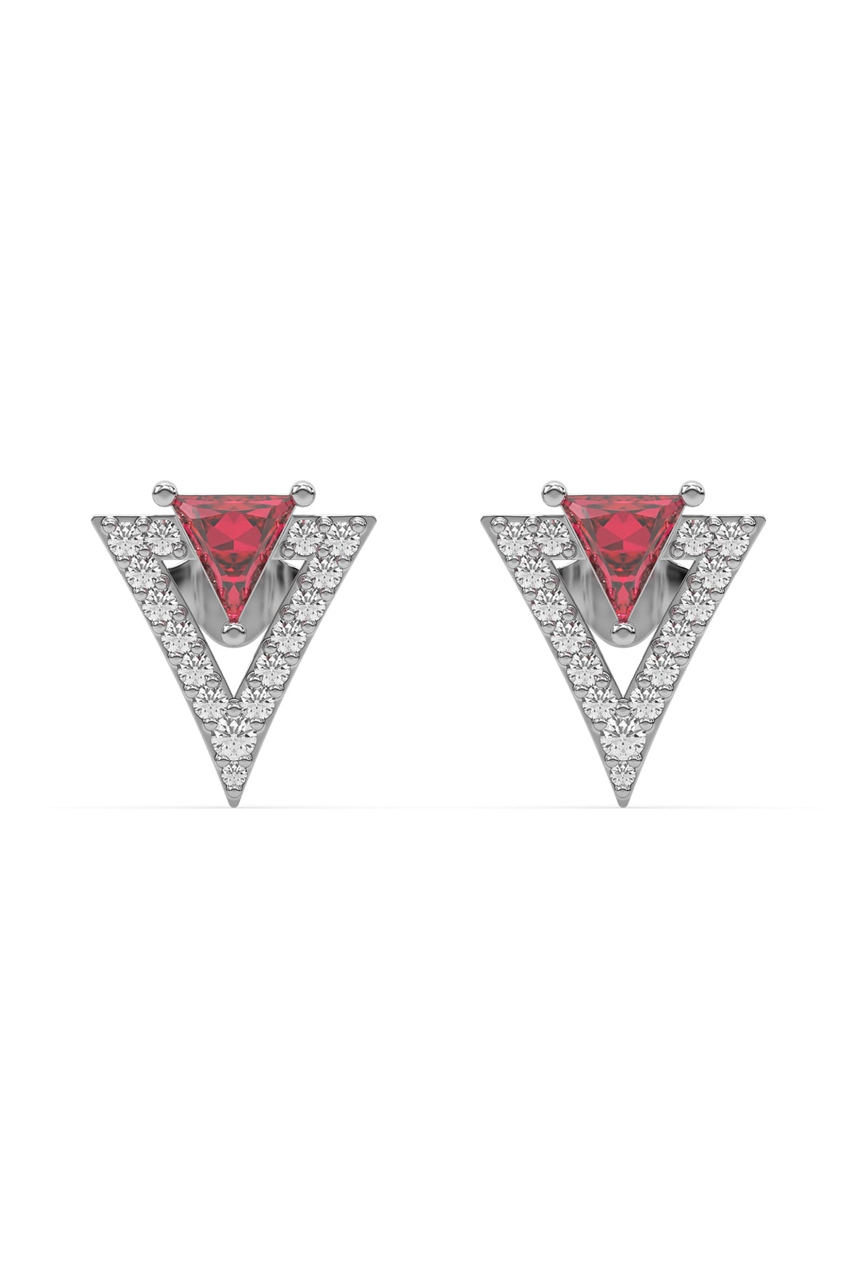 Anti-Tarnish White Finish Diamond & Ruby Stud Earrings In Sterling Silver