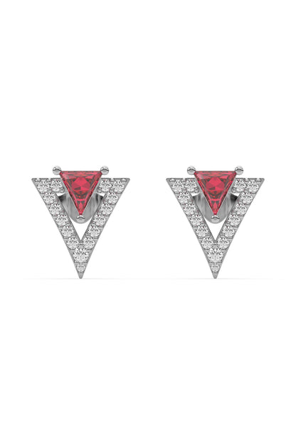 Anti-Tarnish White Finish Diamond & Ruby Stud Earrings In Sterling Silver