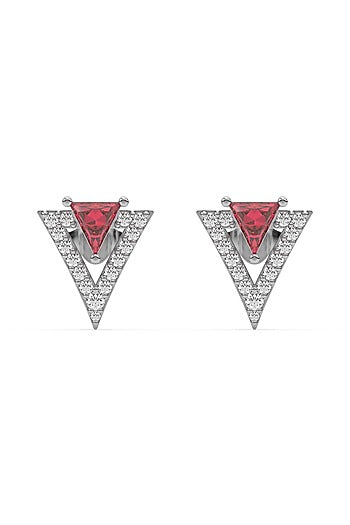 Anti-Tarnish White Finish Diamond & Ruby Stud Earrings In Sterling Silver
