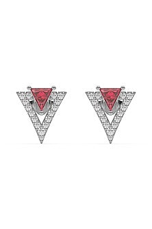 Anti-Tarnish White Finish Diamond & Ruby Stud Earrings In Sterling Silver