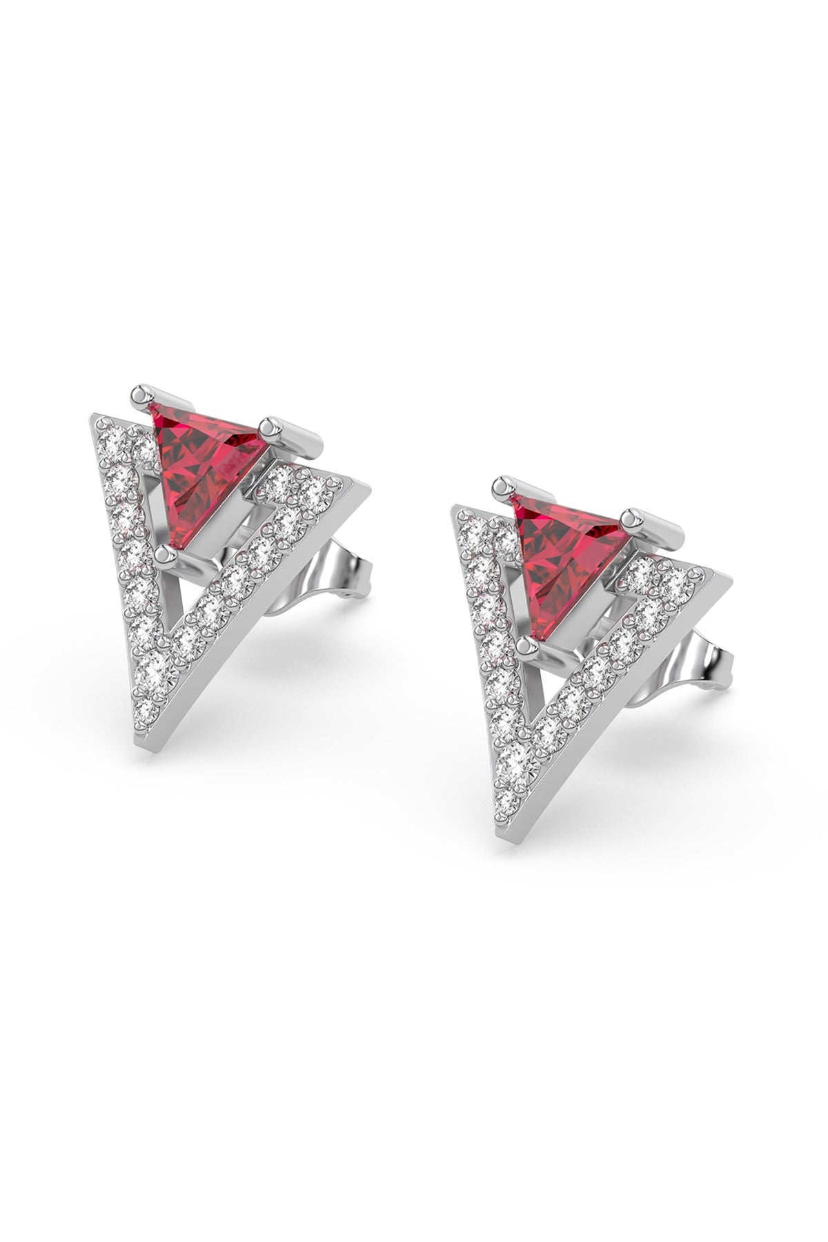 Anti-Tarnish White Finish Diamond & Ruby Stud Earrings In Sterling Silver