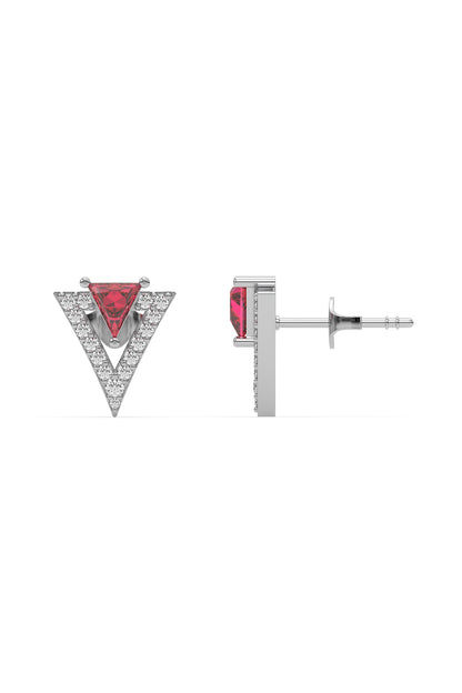 Anti-Tarnish White Finish Diamond & Ruby Stud Earrings In Sterling Silver