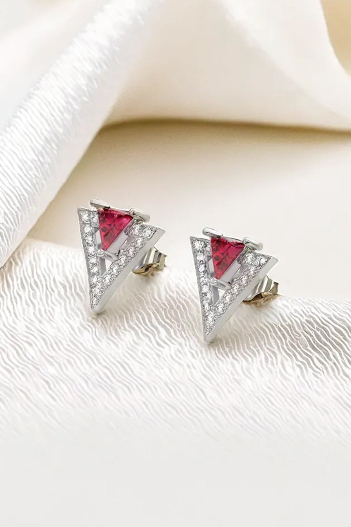 Anti-Tarnish White Finish Diamond & Ruby Stud Earrings In Sterling Silver