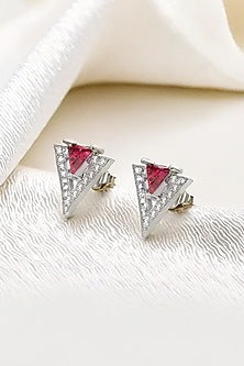 Anti-Tarnish White Finish Diamond & Ruby Stud Earrings In Sterling Silver
