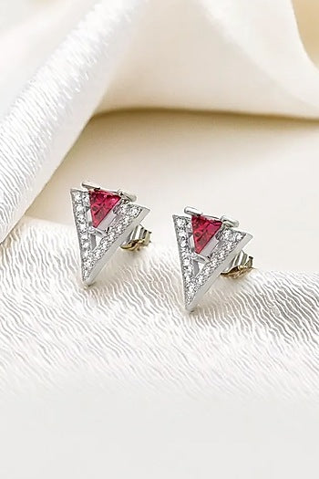 Anti-Tarnish White Finish Diamond & Ruby Stud Earrings In Sterling Silver