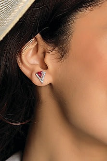 Anti-Tarnish White Finish Diamond & Ruby Stud Earrings In Sterling Silver
