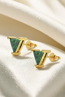 Gold Plated Lab-Grown Emerald Stone Stud Earrings In Sterling Silver