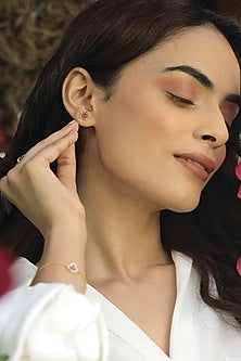 Gold Plated Lab-Grown Ruby Stone Floral Stud Earrings In Sterling Silver