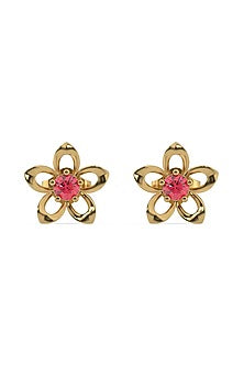 Gold Plated Lab-Grown Ruby Stone Floral Stud Earrings In Sterling Silver