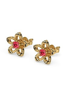 Gold Plated Lab-Grown Ruby Stone Floral Stud Earrings In Sterling Silver