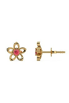 Gold Plated Lab-Grown Ruby Stone Floral Stud Earrings In Sterling Silver