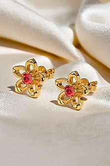 Gold Plated Lab-Grown Ruby Stone Floral Stud Earrings In Sterling Silver