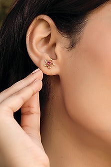 Gold Plated Lab-Grown Ruby Stone Floral Stud Earrings In Sterling Silver