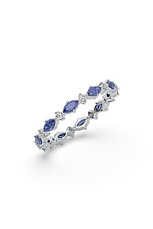 Anti-Tarnish White Finish Diamond & Sapphire Ring In Sterling Silver