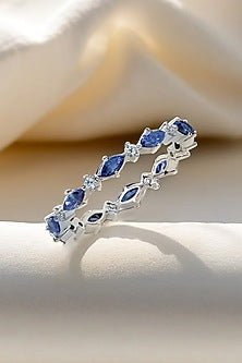 Anti-Tarnish White Finish Diamond & Sapphire Ring In Sterling Silver