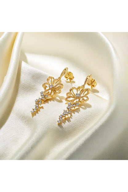 Gold Finish Diamond Floral Dewdrop Earrings