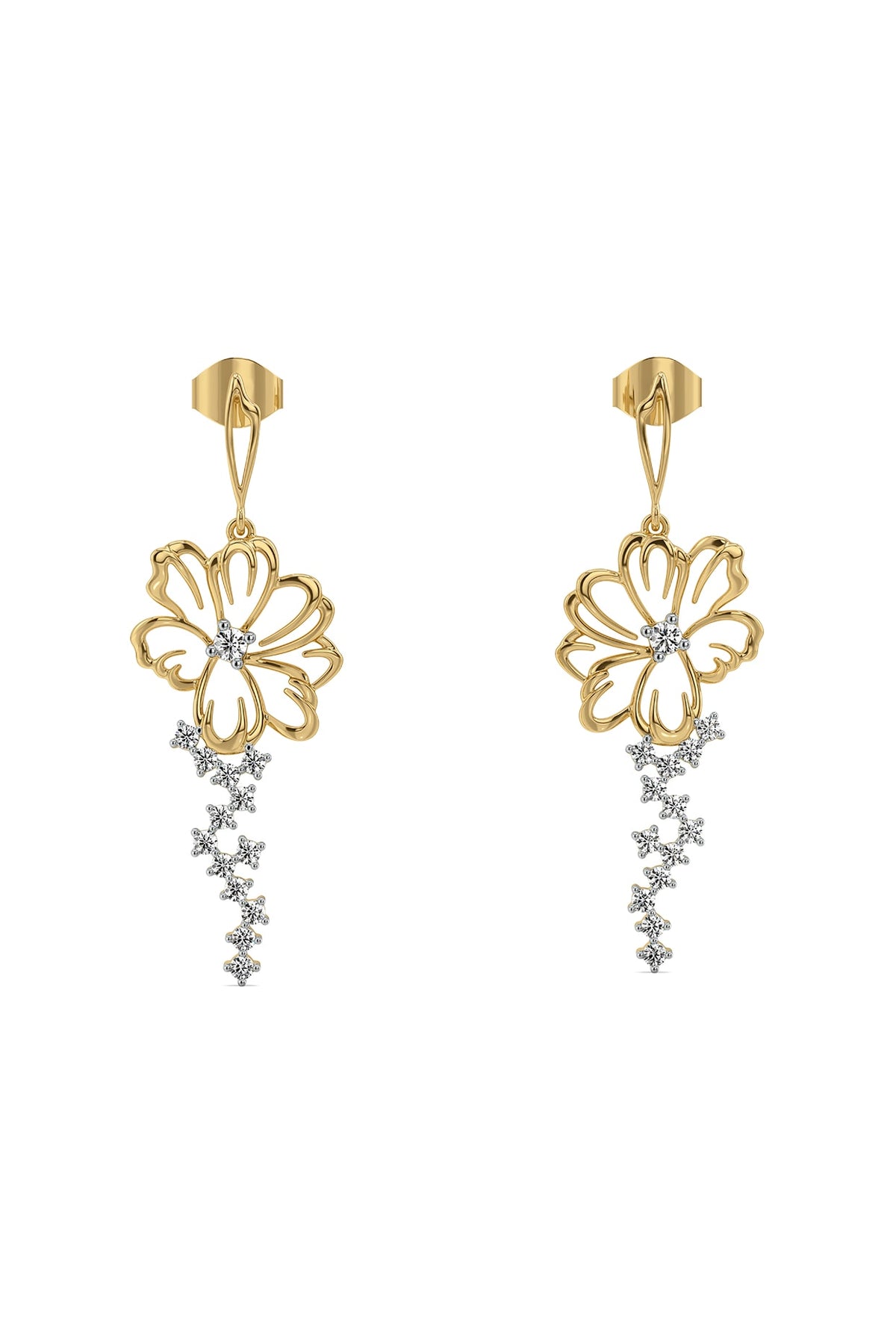 Gold Finish Diamond Floral Dewdrop Earrings