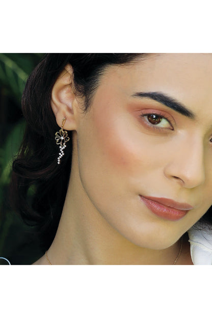 Gold Finish Diamond Floral Dewdrop Earrings