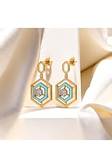 Gold Finish Diamond Hex Glam Drop Earrings