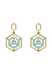 Gold Finish Diamond Hex Glam Drop Earrings