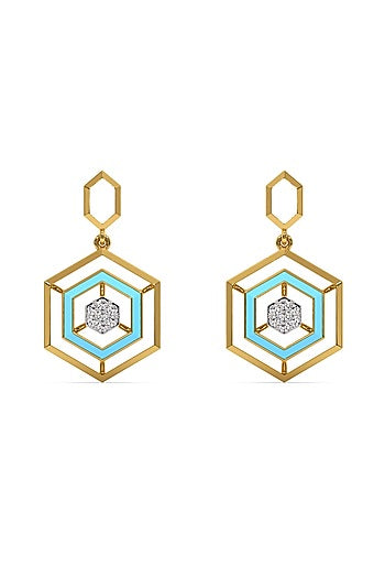 Gold Finish Diamond Hex Glam Drop Earrings