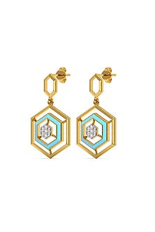 Gold Finish Diamond Hex Glam Drop Earrings