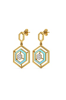 Gold Finish Diamond Hex Glam Drop Earrings