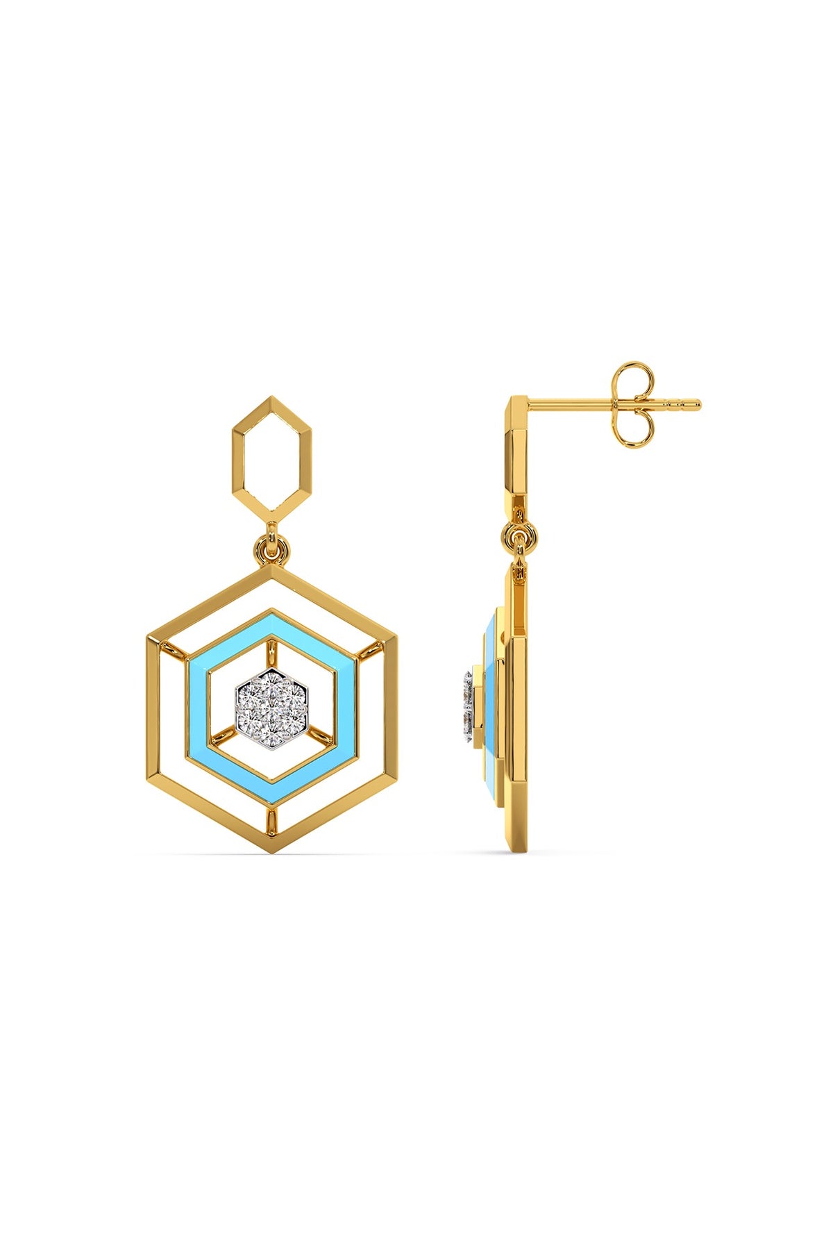 Gold Finish Diamond Hex Glam Drop Earrings