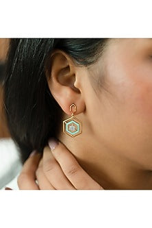 Gold Finish Diamond Hex Glam Drop Earrings
