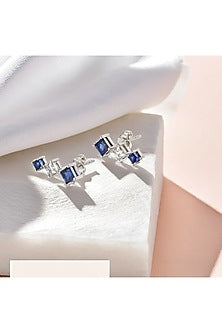 Silver Finish Diamond & Blue Stone Ear Cuffs In Sterling Silver