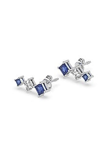 Silver Finish Diamond & Blue Stone Ear Cuffs In Sterling Silver