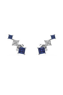 Silver Finish Diamond & Blue Stone Ear Cuffs In Sterling Silver